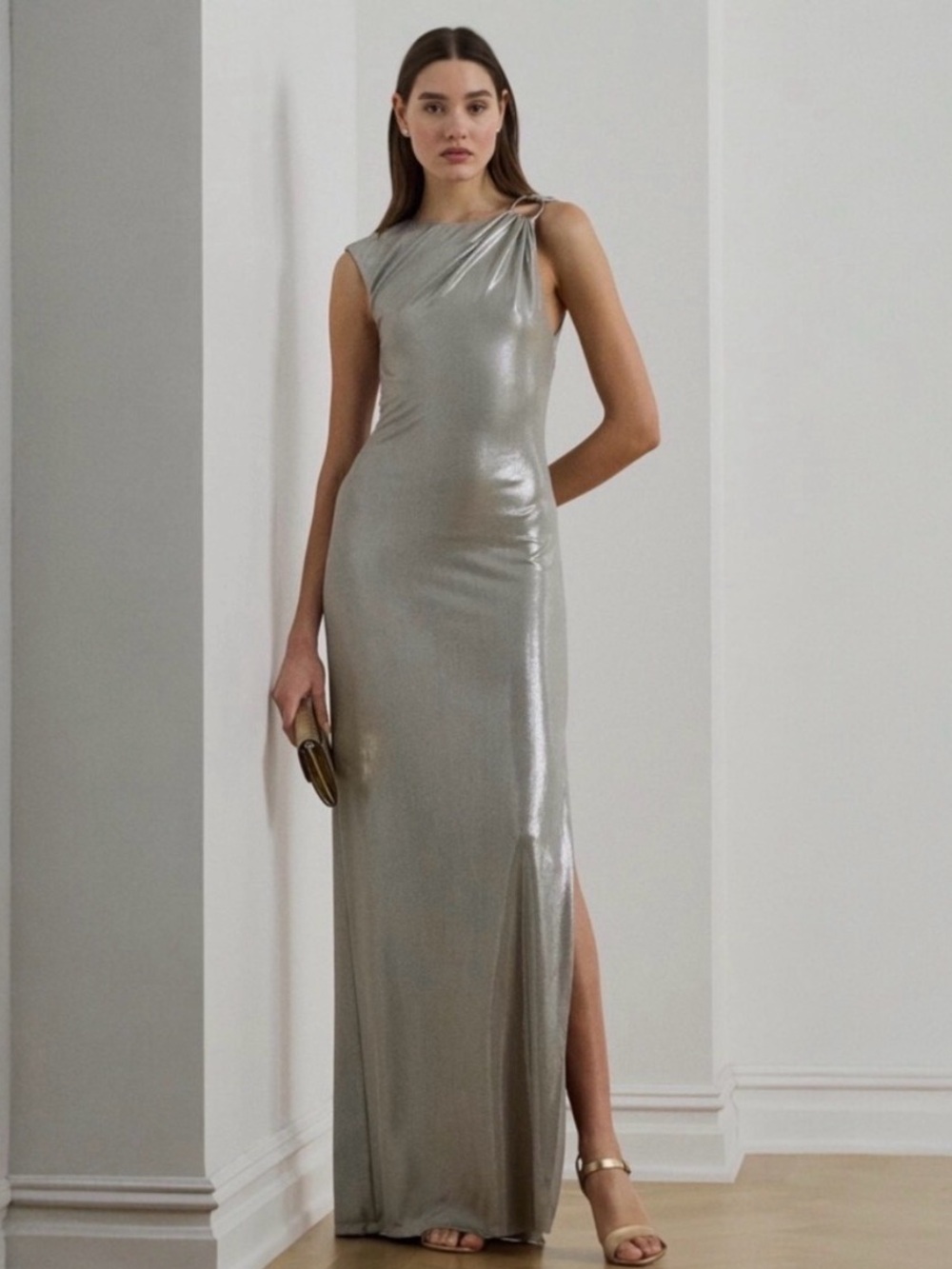 Lauren Ralph Lauren Silver One-Shoulder Maxi Gown with Slit